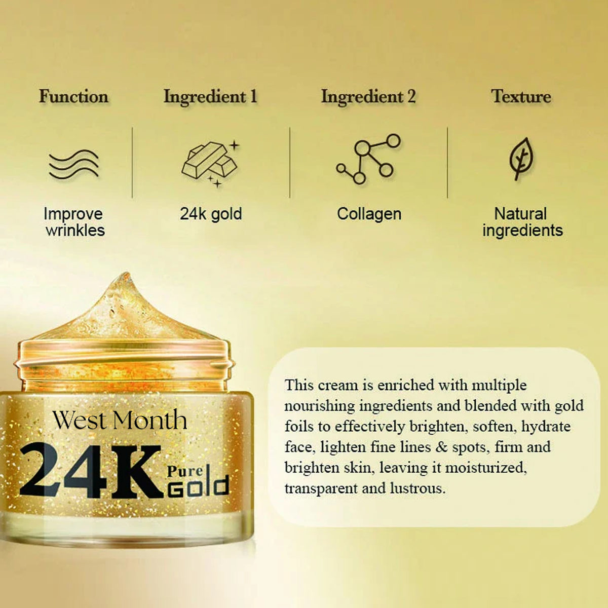 Copy of West Month 24k Pure Gold Collagen Face Cream, Lighten Lines Brighten Skin, Firm And Anti-wrinkle Cream